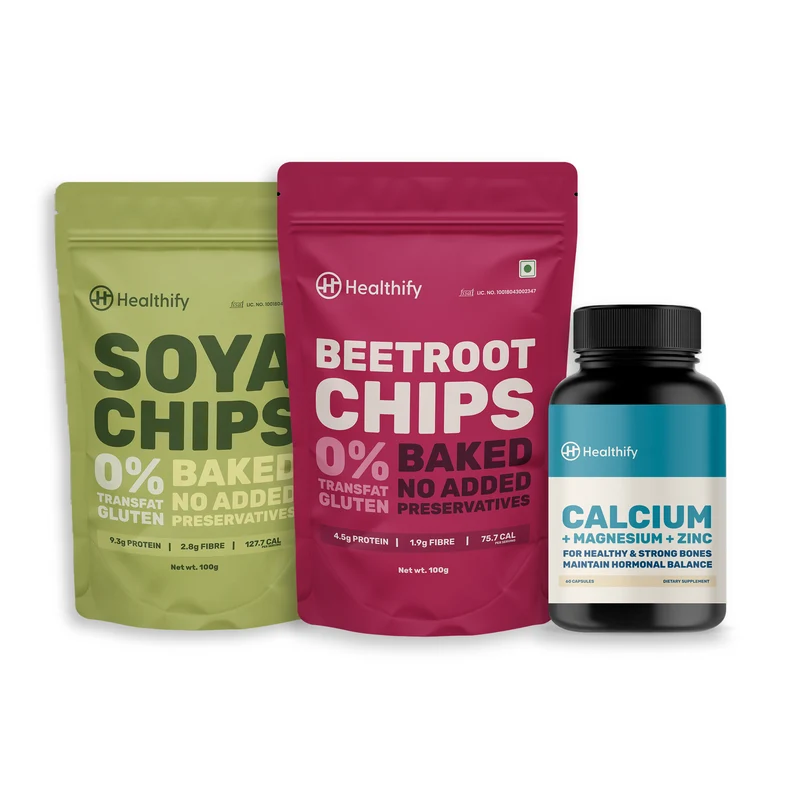 Healthify Premium Kit Combo – Soya Chips, Beetroot Chips & Calcium+ Supplement Worth