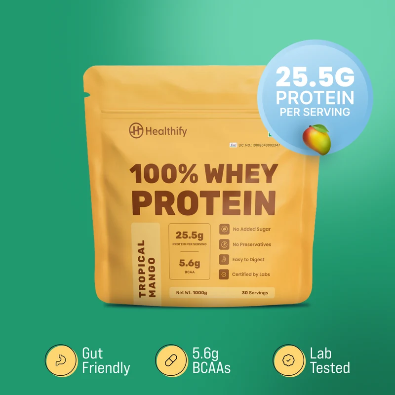 Healthify 100% Whey Protein -Mango , 25.5 g Protein, 5.6 g BCAA - No Added Sugar, Zero Preservatives