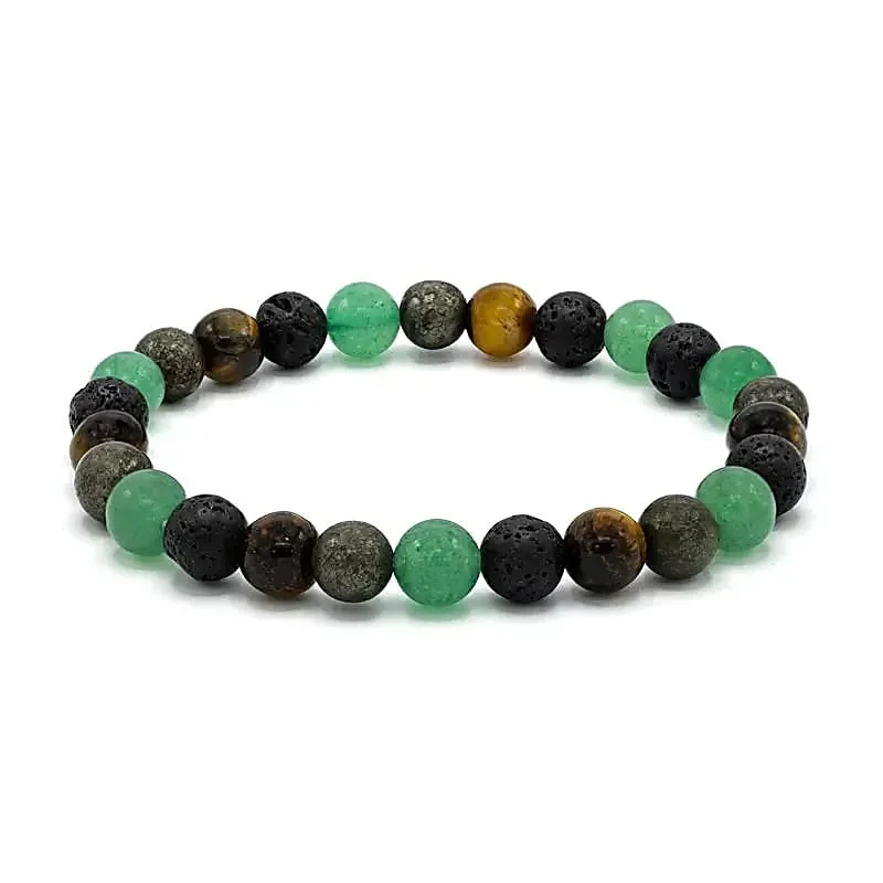 Armband 8 mm grön kvarts, lavasten, tigeröga och pyrit – för bredare handleder