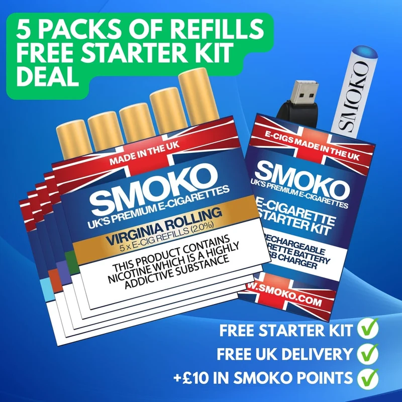 FREE E-CIGARETTE DEAL + 5 PACK OF E-CIG REFILLS - £44.99 (SAVE £17.74)