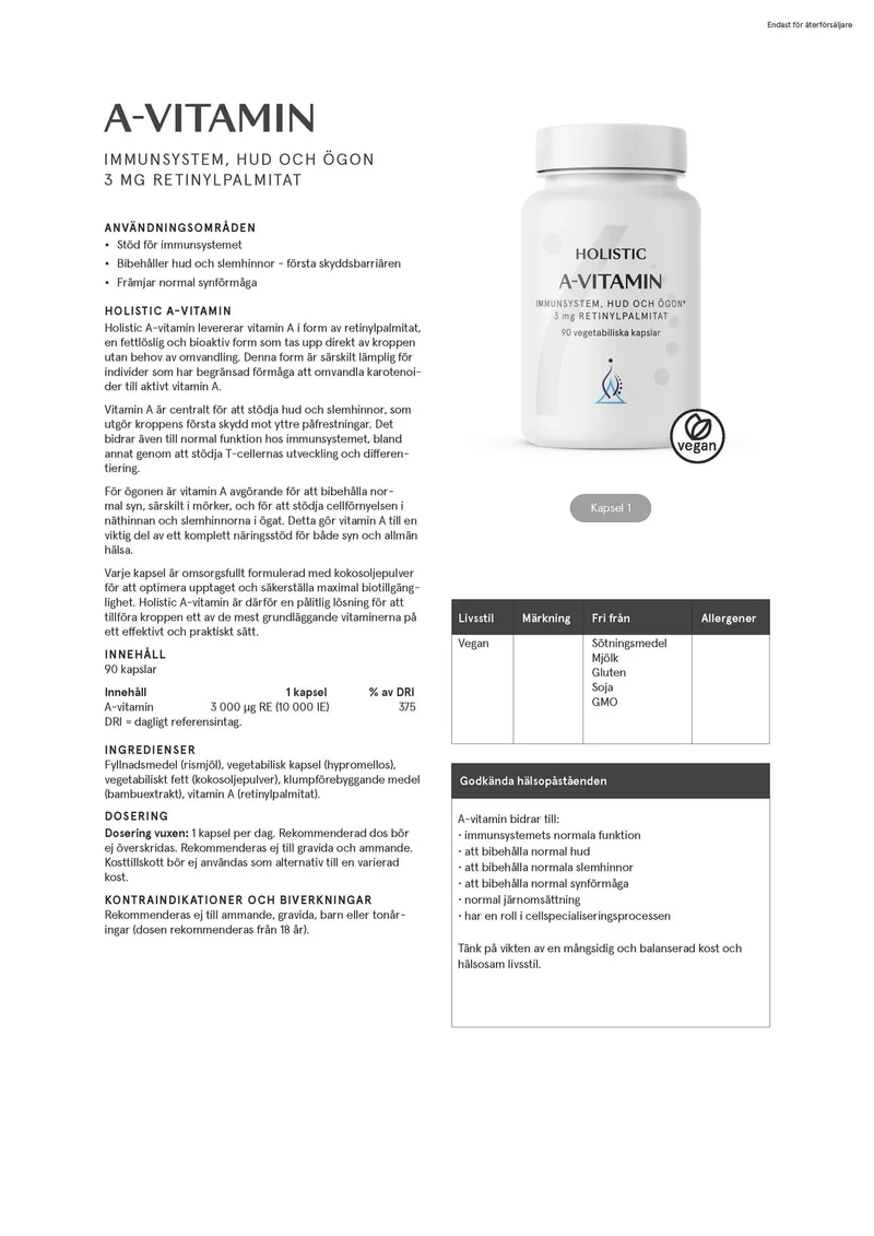 A-vitamin - 3 mg retinylpalmitat, 90 kapslar
