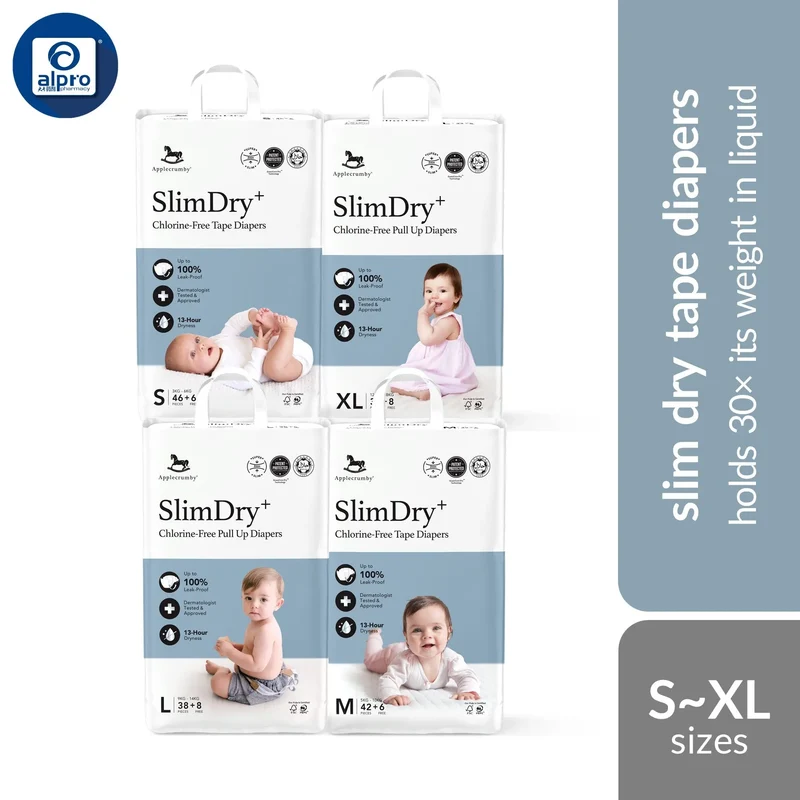Applecrumby® SlimDry EasyDay Tape Diapers (S/ M/ L/ XL) | Holds 30× Its Weight In Liquid