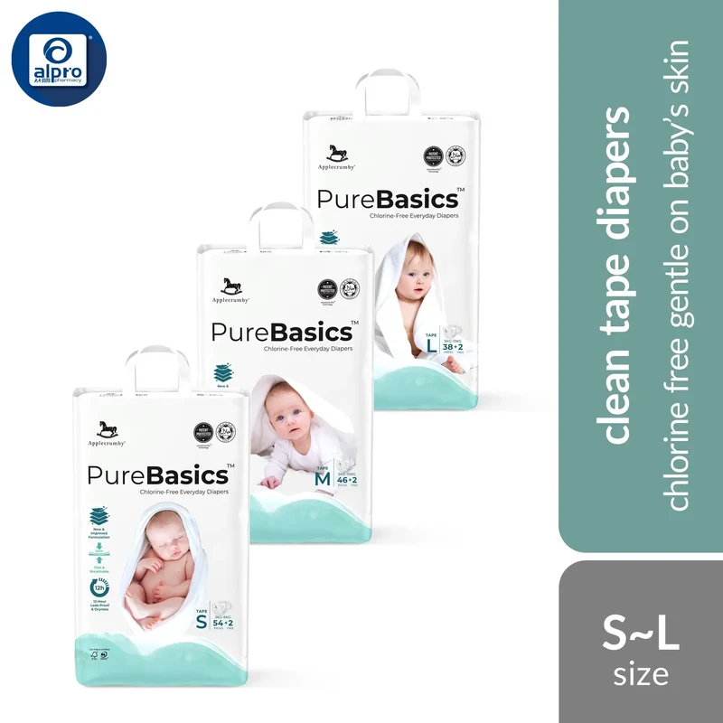 Applecrumby Purebasics Tape Diaper (S~L) | Chlorine Free Gentle On Baby’s Skin