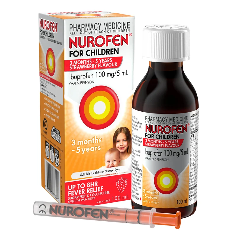 Nurofen for Children Pain and Fever Relief 100 mg/5 mL Ibuprofen Strawberry 100 mL
