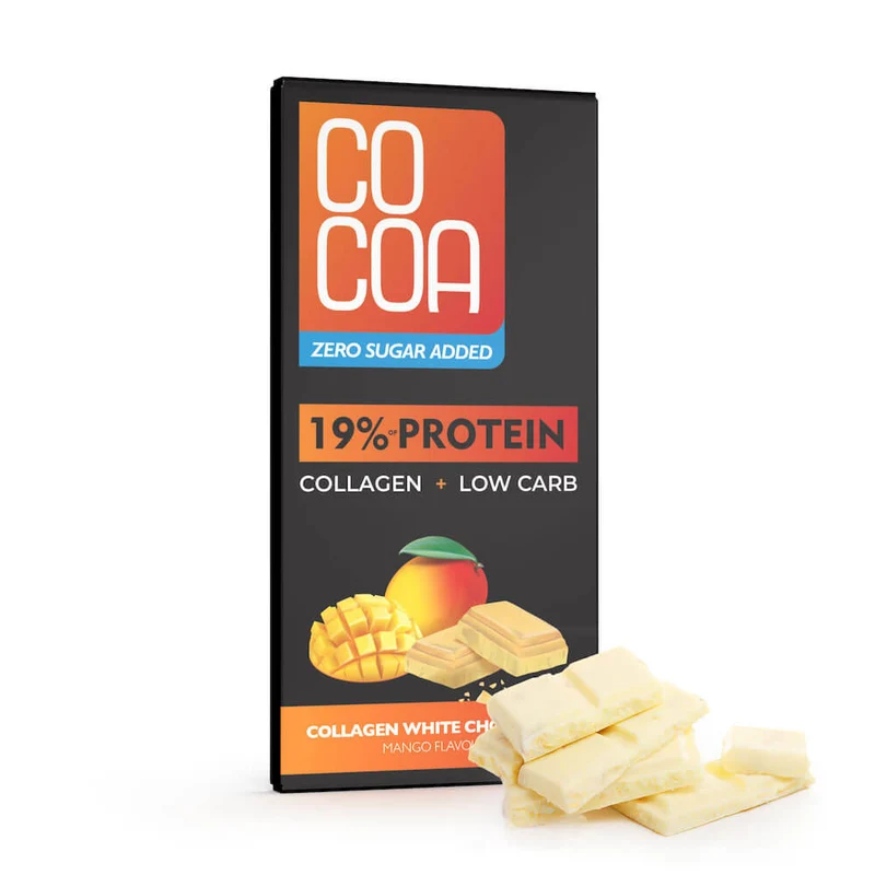 PROTEINWEISSE SCHOKOLADE MANGO MIT KOLAGEN OHNE ZUCKERZUSATZ 65 g - COCOA