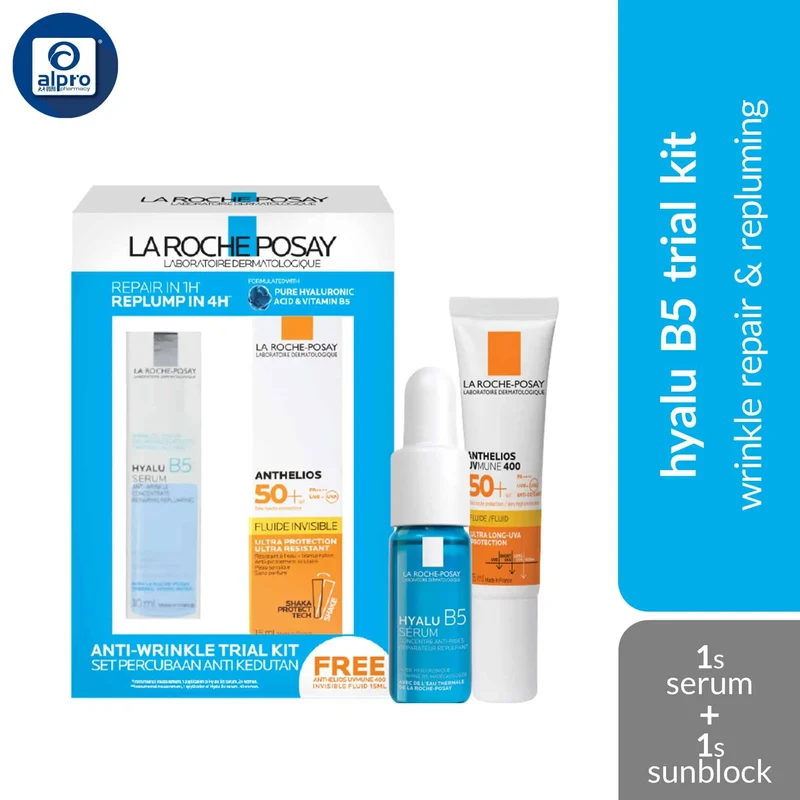 La Roche-Posay Hyalu B5 Trial Kit (Serum B5 10mL + Anthelios SPF50+ Sunscreen 15mL) | Wrinkle Repair & Repluming