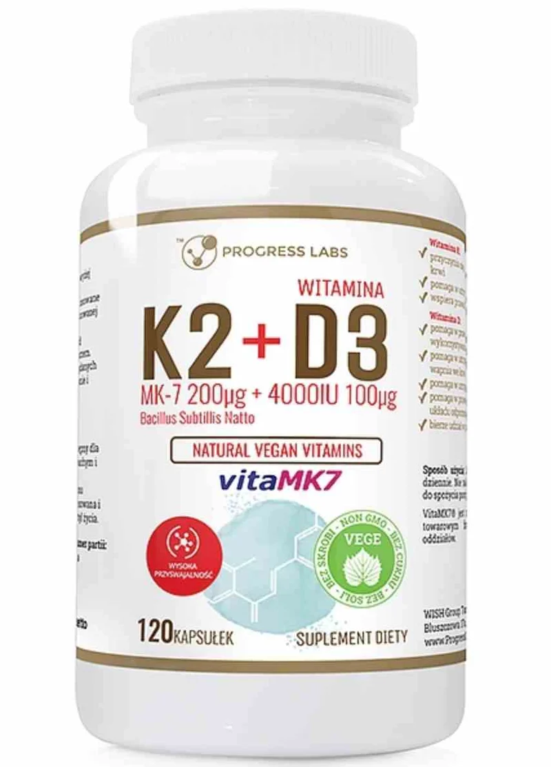Progress Labs Vegan K2 MK-7+ D3 4000IU+ L-Leucin 120 Kapseln