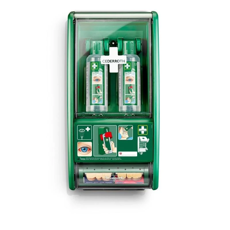 Cederroth Eye Flushing Station, inklusive 2 x 500 ml flaskor 725200 med Salvaquick Pavement Dispenser Ref 490700 | Pack (1 bit)