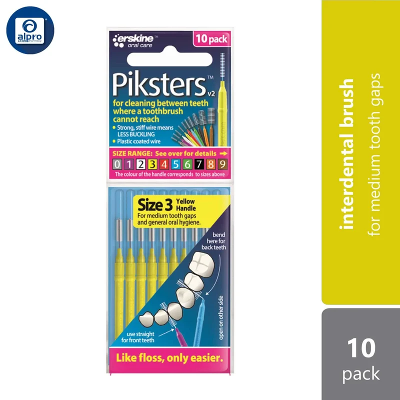 Piksters Interdental Brush Size 3 Yellow 10S | For Medium Tooth Gaps