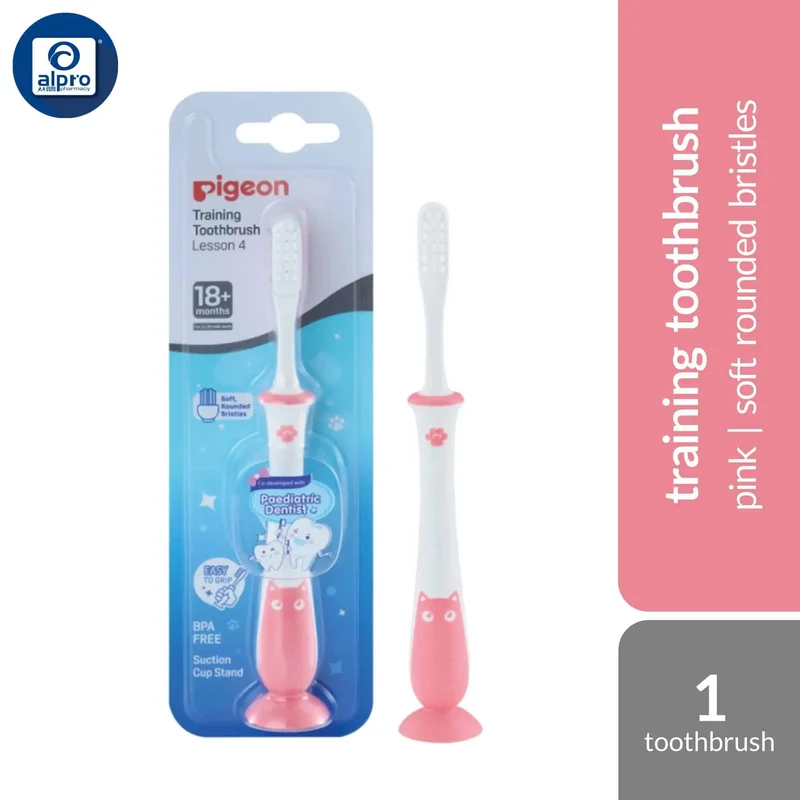 Pigeon Training Toothbrush Lesson 4 (Pink/ Green) 18+ Month | Soft Rounded Bristles & Soft Grip