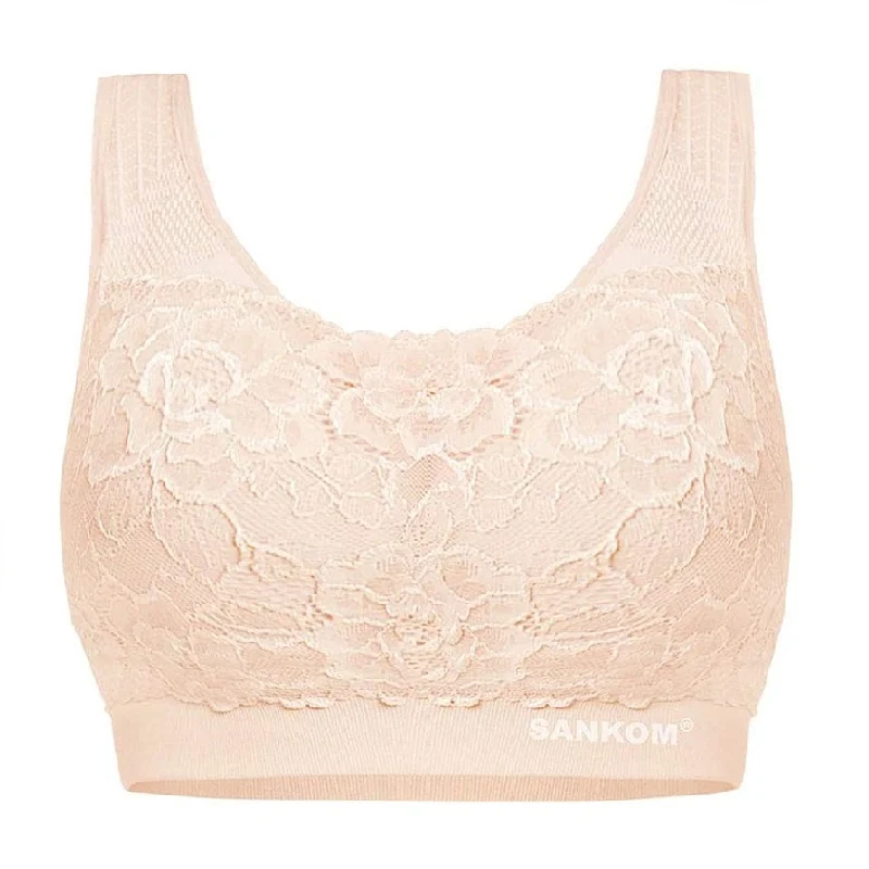SANKOM LIGHT PINK PATENT CLASSIC BRA WITH LACE MEDIUM AND LARGE
