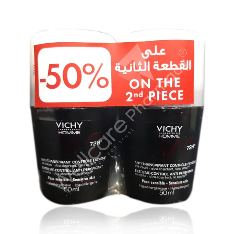 Vichy Deo Roll On Anti-Perspirant Homme Extreme Control 72h 50ml 2pcs