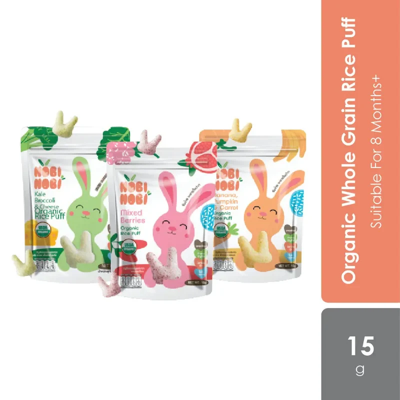 Nobi Nobi Organic Whole Grain Jasmine Rice Puff - Assorted Flavour 15g | Rich In Nutrition