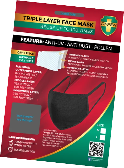 Offen 3 Ply Reusable Face Mask With Anti-bacterial Properties (size M & L: White) 1pc | For Adult