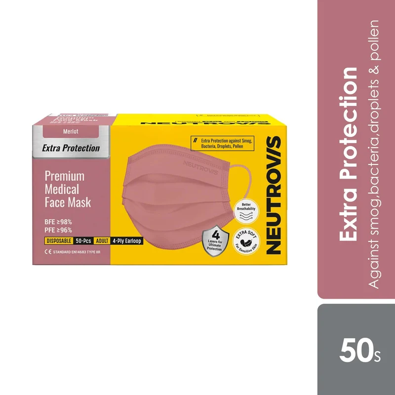 Neutrovis 4ply Premium Medical Face Mask with Extra Protection (Merlot) 50s | For Adult