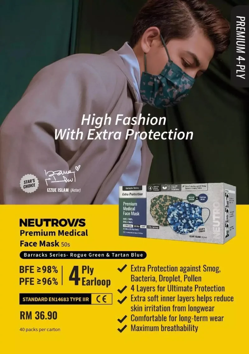 Neutrovis 4ply Premium Medical Face Mask with Extra Protection (Rogue Green & Tartan Blue) 50s | For Adult