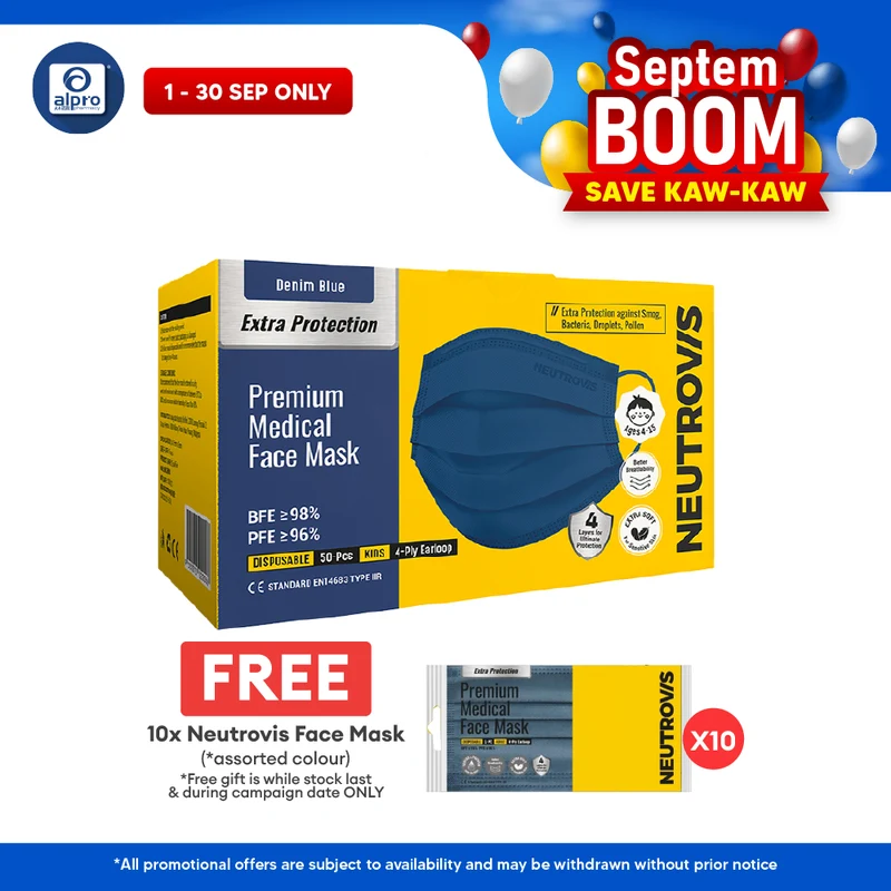 Neutrovis 4ply Premium Medical Face Mask with Extra Protection (Denim Blue) 50s | For Kids
