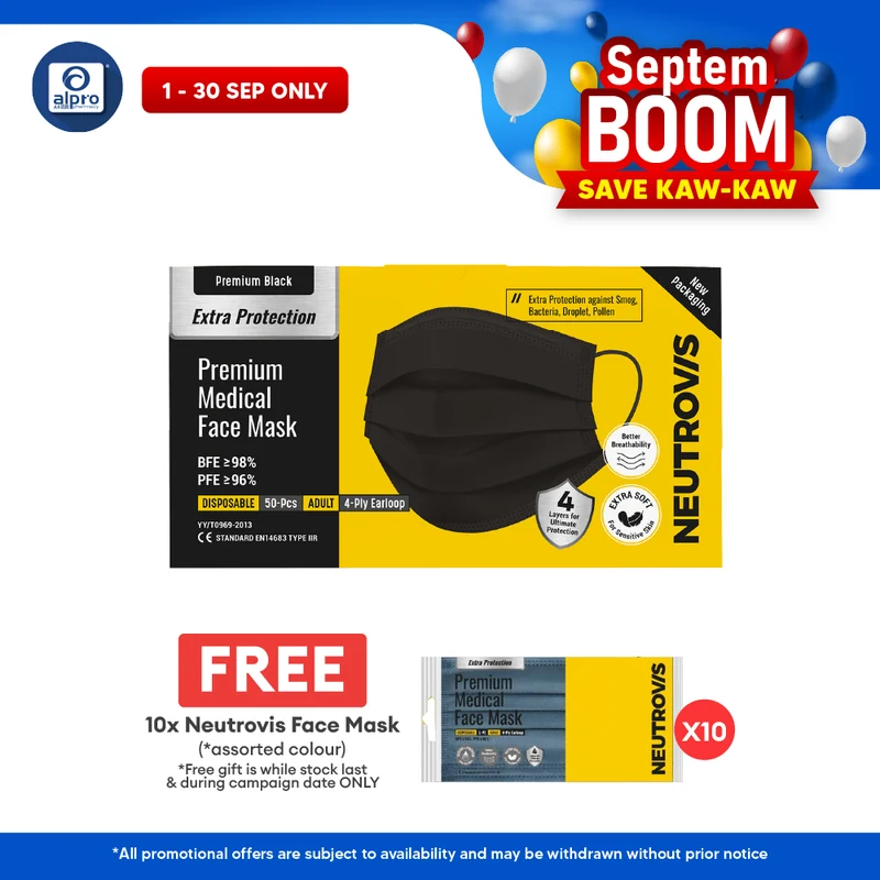 Neutrovis 4ply Premium Medical Face Mask with Extra Protection (Black) 50s | For Adult