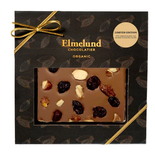 Mælkechokolade m. brændte mandler & tranebær Ø