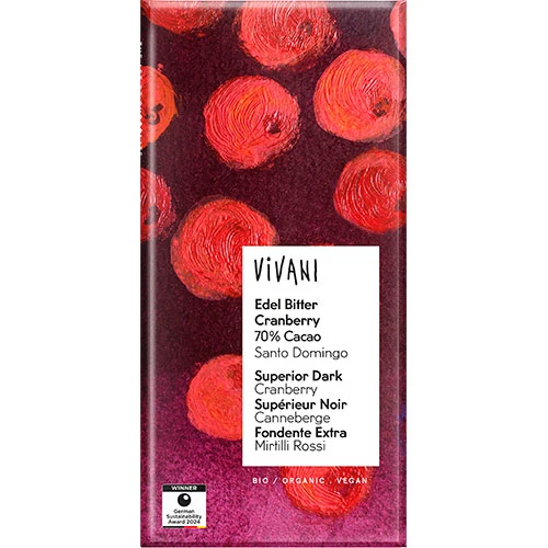 Vivani mörk choklad med tranbärsbitar 70% Ekologisk | 80 g