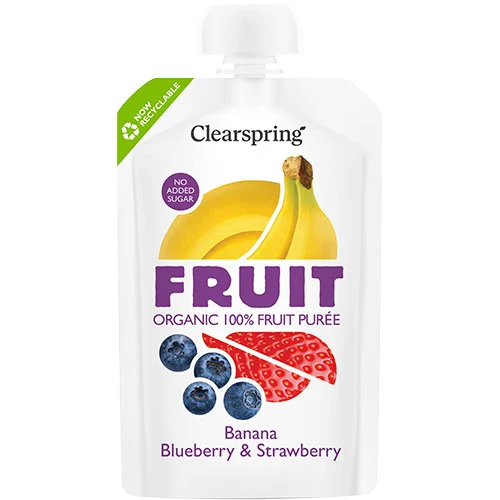 Clearspring Fruktpuré Ekologisk 100 g | Banan Blåbär & Jordgubb