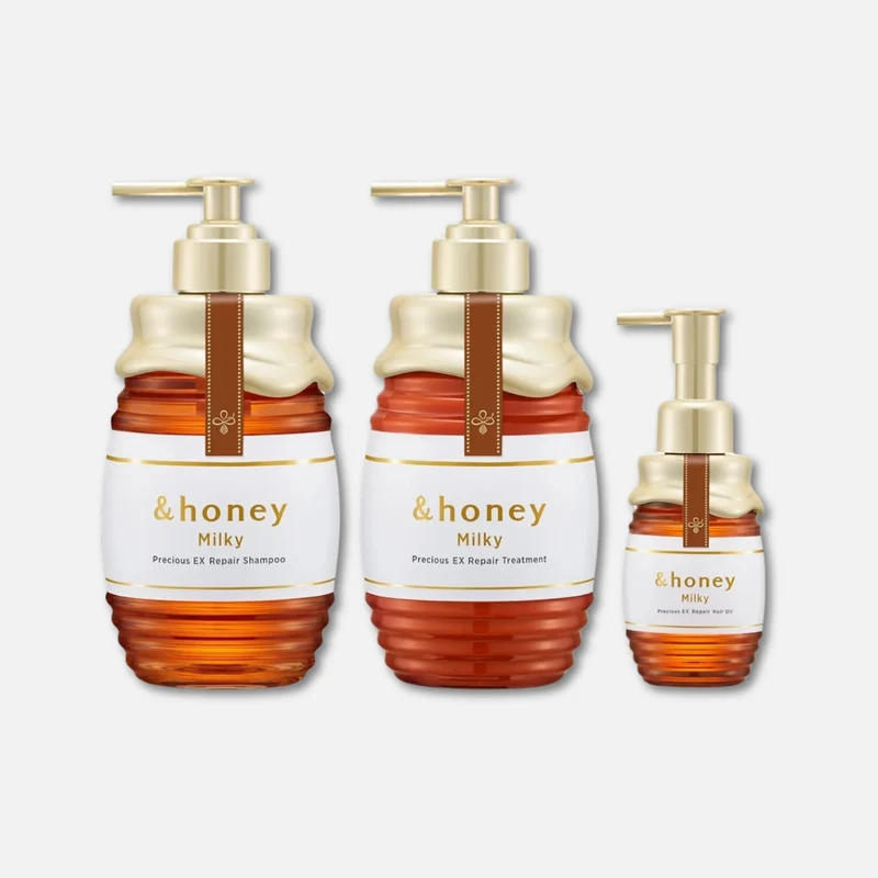 & Honey Milky Precious EX Repair Shampoo 500ml, Treatment 500g & Hair Oil 105ml Set