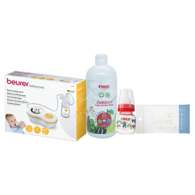 Beurer By40 Electrical Breast Pump+farlin Wash 500ml+glass Feeding Bottle+wipes10'S