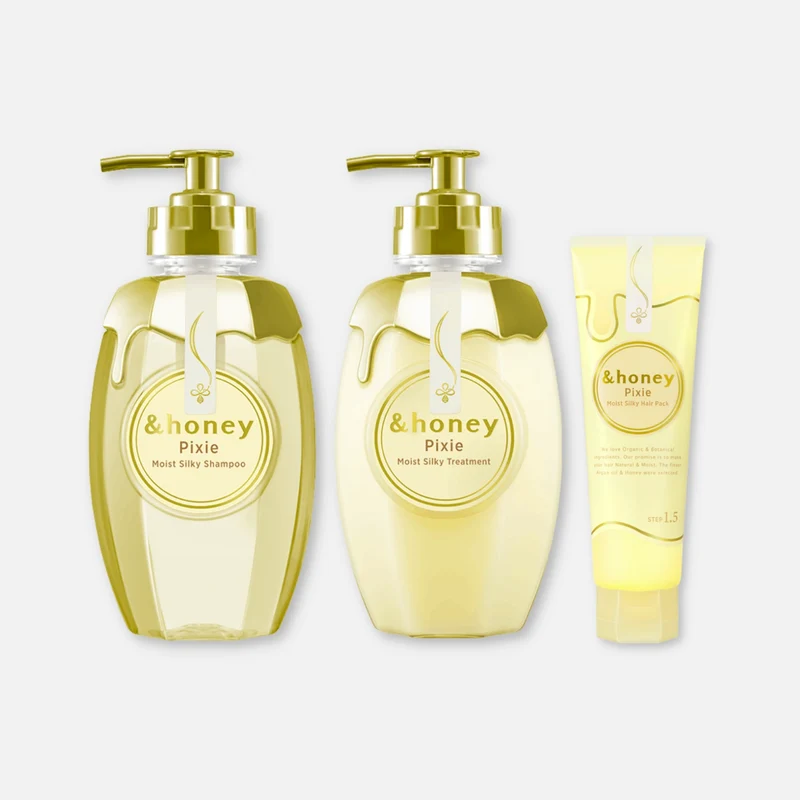 & Honey Pixie Moist Silky Shampoo 440ml, Treatment 440g & Mask 130g Set