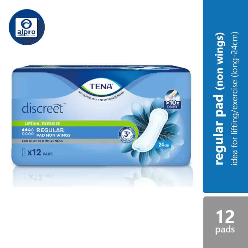 Tena Discreet Regular Pad 12 pads | to absorb urine drips/leaks | Non Wings 24cm 12s / Wings 24cm 12s / Non Wings 27.5cm