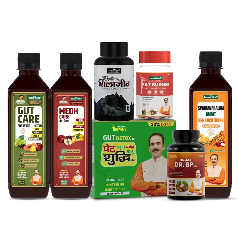 Ayurvedic Weight & Blood Pressure Wellness Combo | Medh Care Juice, Swaranfalam Amrit Sea Buckthorn, Fat Burner Tablets, Pure Shilajit Capsules, Pet Yakrit Pleeha Shuddhi Kit, Gut Care Juice & Dr. BP Care Tablets