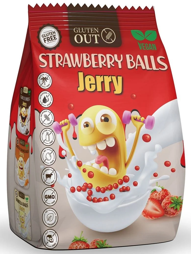 375 g glutenfreie Erdbeer-Getreidekugeln - JERRY GLUTEN OUT DATE: 11.2025