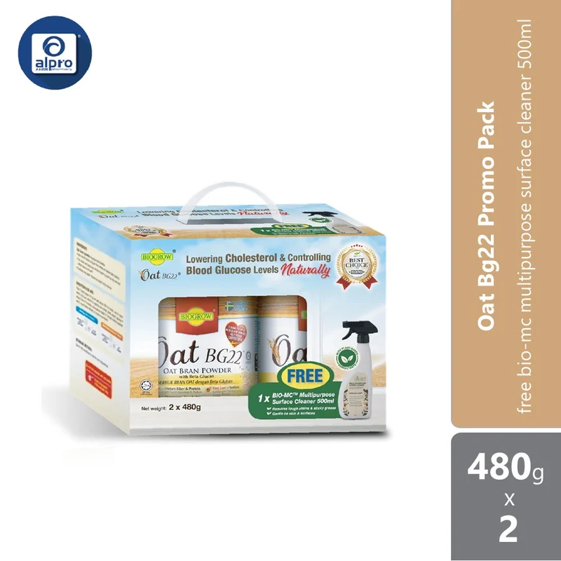 Biogrow Oat Bg22 Promo Pack (2x480g + Free 1 X Bio-Mc Multipurpose Surface Cleaner 500ml) | Cholesterol & Blood Glucose