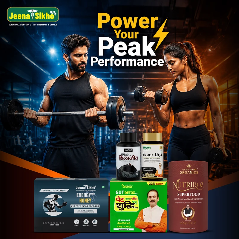 Jeena Sikho Workout Acharya Ji Signature Combo | Pet Yakrit Pleeha Shuddhi Kit, Pure Shilajit Capsules, Energy Max Honey Sachets, Nutriroz Superfood & Super Urja Tablets | Ayurvedic Advanced Fitness Combo