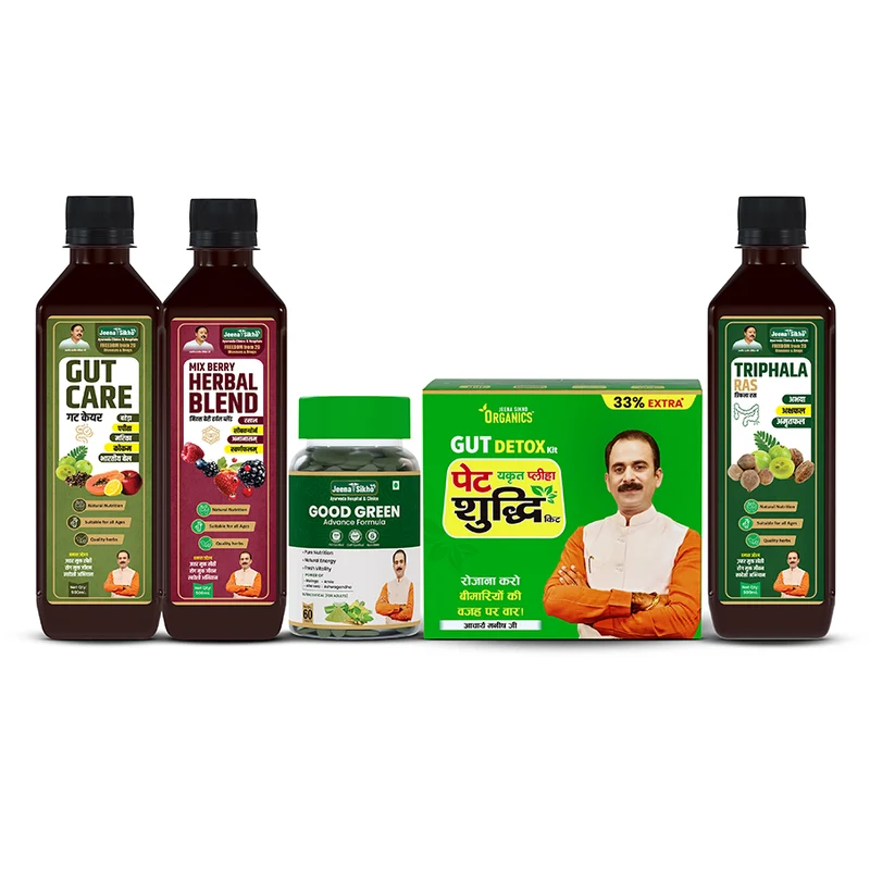 Jeena Sikho Daily Wellness Combo | Pet Yakrit Pleeha Shuddhi Kit, Mix Berry Herbal Blend Juice, Gut Care Juice, Triphala Ras Juice & Good Green Tablets | Ayurvedic Daily Wellness Combo