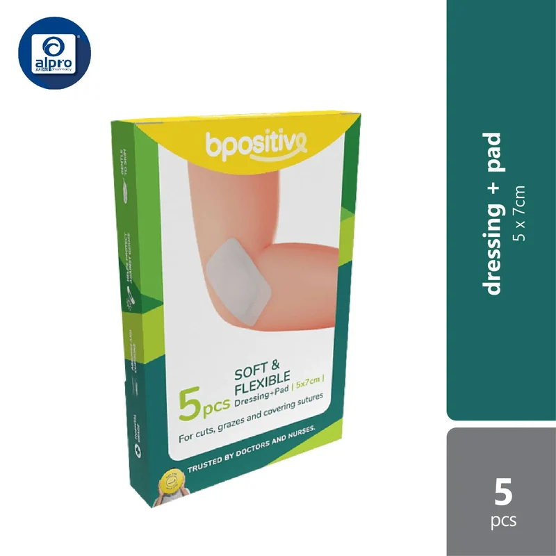 Bpositive Soft & Flexible Dressing + Pad 5 X7cm 5s | For Cuts, Grazes & Covering Sutures