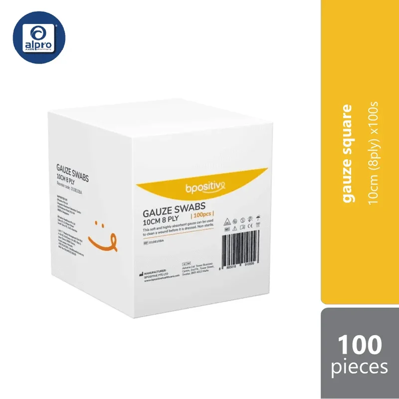 BPositive Gauze Swabs Squares 10cm (8ply) 100s | Highly Absorbent Gauze