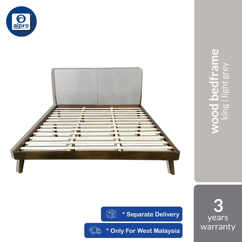 Masper B2 Wood Bedframe King Size (Light Grey / Dark Grey) | Natural Solid Wood Bed Frame with Upholstered Headboard