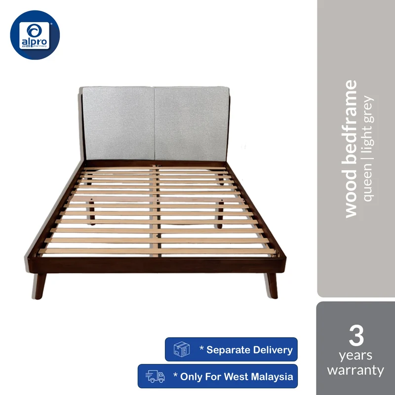Masper B2 Wood Bedframe Queen Size (Light Grey / Dark Grey) | Natural Solid Wood Bed Frame with Upholstered Headboard