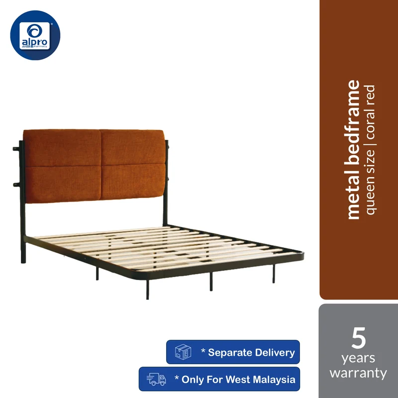 Masper B1 Metal Bedframe Queen Size (Coral Red / Green) | Ultra-Stable & Thick Carbon Steel Frame