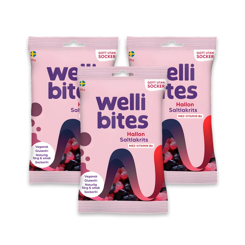 3 x Wellibites Candy 70 g Hallon & Saltlakrits