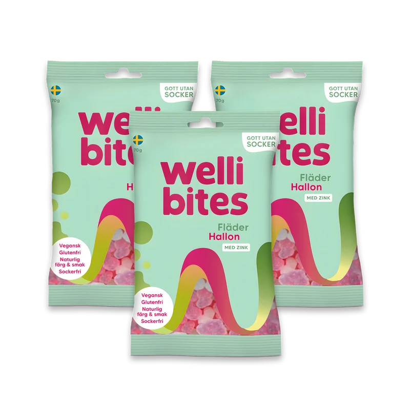 3 x Wellibites Candy 70 g Fläder & Hallon