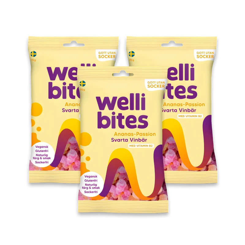 3 x Wellibites Candy 70 g Ananas-Passion & Svarta vinbär
