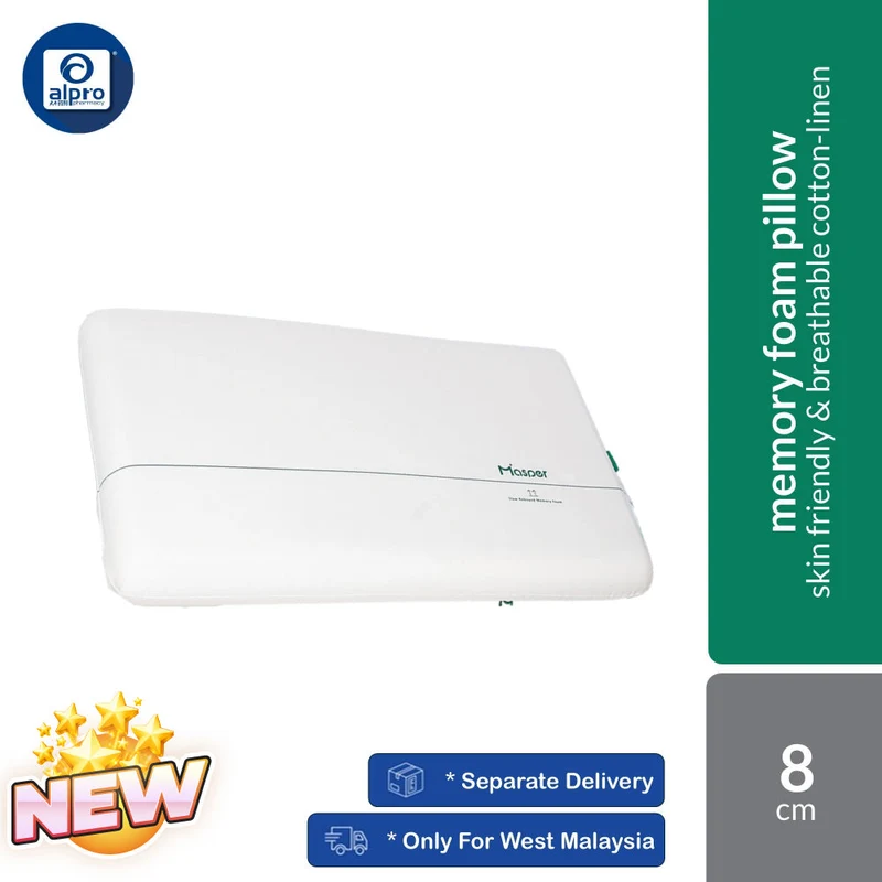 Masper P2 Memory Foam Pillow 8cm | Skin Friendly & Breathable Cotton-Linen