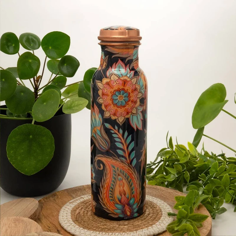 Kopparflaska Floral – färgglatt blommönster | 100 % koppar 750 ml