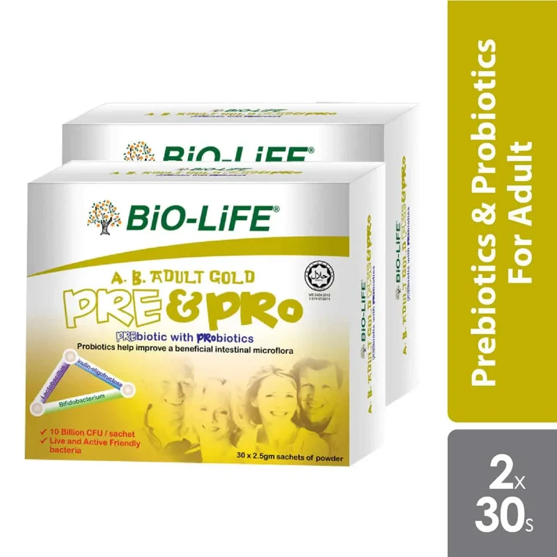 Bio-life A.B. Gold Prebiotic With Probiotic 2.5g 2x30 Sachet | For Adults (Exp: 01/2025)