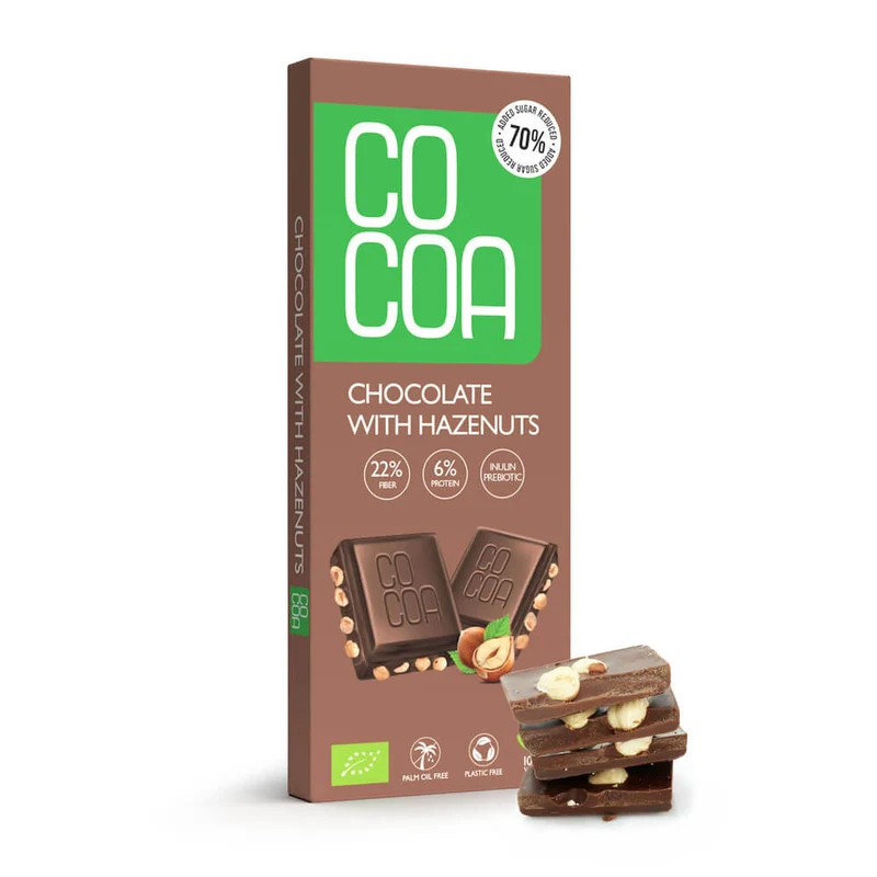 CZEKOLADA Z ORZECHAMI LASKOWYMI 70 % MNIEJ CUKRU BIO 40 g - COCOA DATA: 05.2026