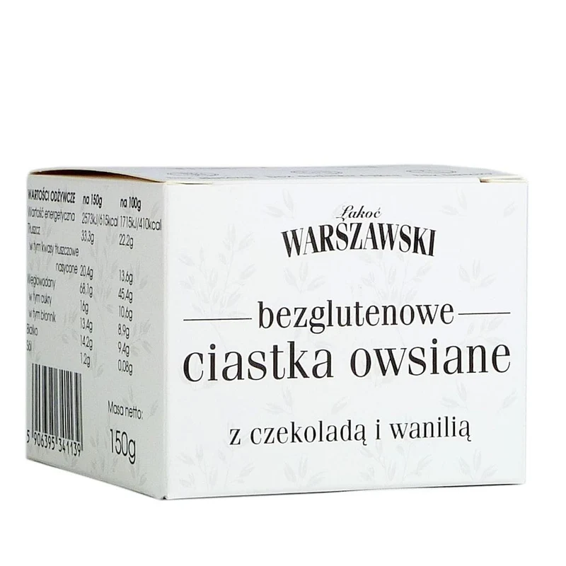 ŁAKOĆ WARSZAWSKI - Ciastka owsiane z czekoladą i wanilią bezglutenowe 150g DATA: 05.2026
