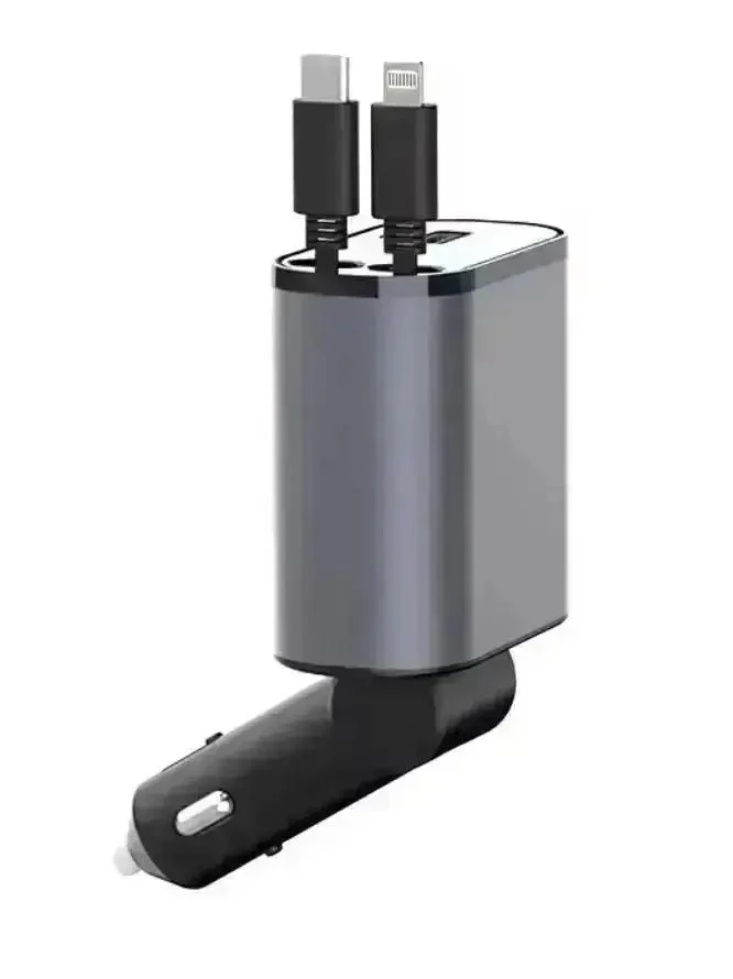 4-i-1 Billader med Uttrekkbar Lightning ladekabel, USB-C lader, USB-C port og USB-A-port