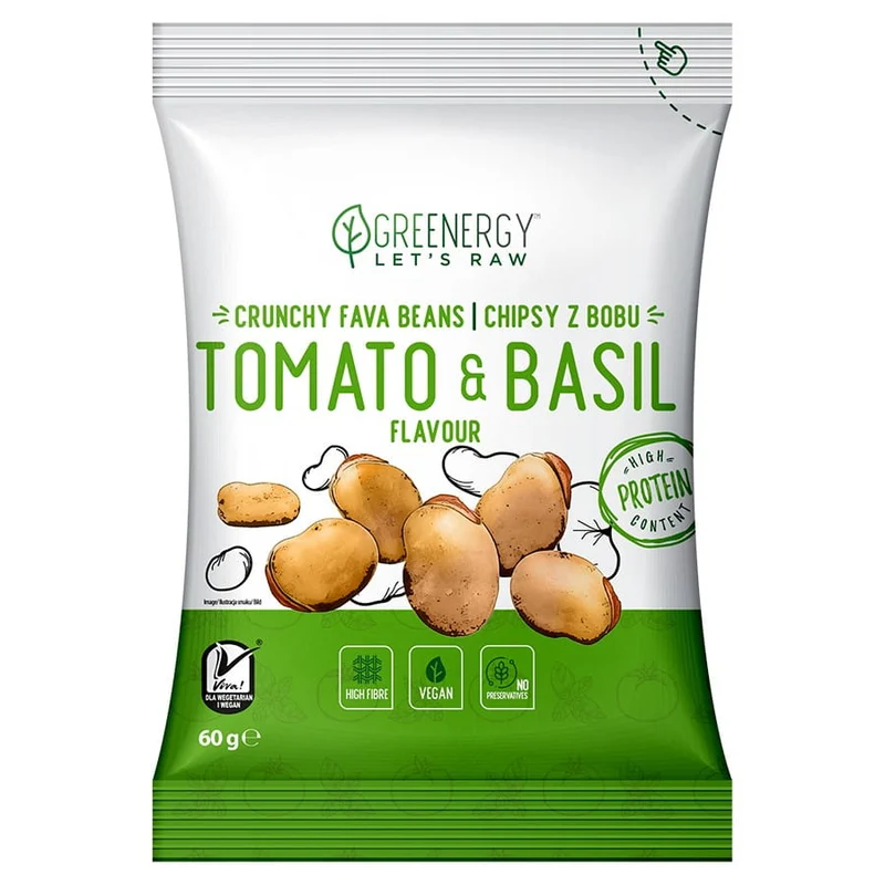Chipsy z bobu o smaku "Pomidorów z bazylią" Greenergy, 60g DATA: 05.2026