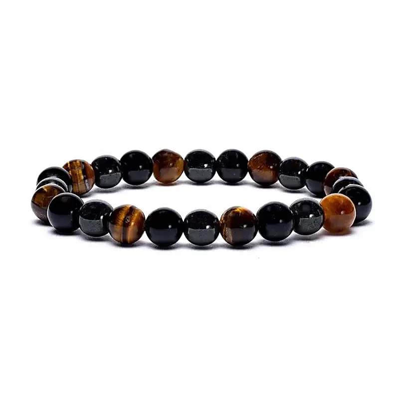 Armband 8 mm Hematit, Obsidian och Tigeröga